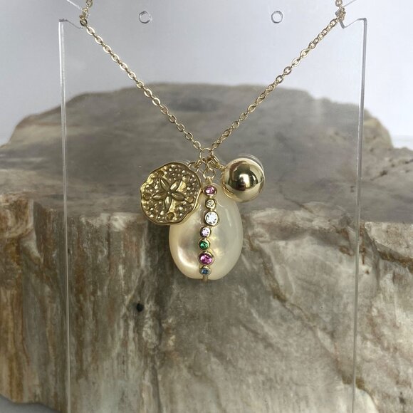 Gold Vermeil Sterling Silver 925 Pearl Gemstone Sanddollar Pendant Necklace 18" - Picture 11 of 16